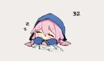  1girl arknights blue_jacket blue_poison_(arknights) chibi closed_eyes closed_mouth commentary cropped_torso dailybloopy hair_between_eyes hood hood_up hooded_jacket invisible_table jacket long_hair long_sleeves low_twintails paper pink_hair simple_background sleeping solo twintails upper_body white_background zzz 