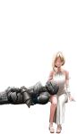  absurdres armor blonde_hair breasts bridal_gauntlets closed_eyes commentary_request copyright_request dress full_armor halterneck helmet highres invisible_chair medium_breasts sandals sitting uraya_nagi white_background white_dress 