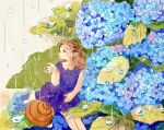  1girl blue_eyes blue_flower brown_hair dress flower hydrangea long_hair oniheya_53 open_mouth original painting_(medium) pointy_ears purple_dress rain sitting sleeveless sleeveless_dress snail solo traditional_media watercolor_(medium) 