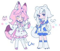  2girls animal_ears asphyxia17 bear_ears bell black_hair blue_socks closed_mouth fox_ears hair_ornament highres long_hair long_sleeves looking_at_viewer multiple_girls open_mouth original pink_footwear pink_hair short_hair signature simple_background sleeves_past_wrists socks standing tail thigh-highs white_background white_hair white_thighhighs yellow_eyes 