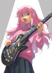  1girl black_eyes bocchi_the_rock! commentary cowboy_shot electric_guitar gibson_les_paul gotoh_hitori grey_background grey_skirt guitar highres holding holding_instrument instrument jacket long_hair long_sleeves looking_at_viewer music nervous_sweating open_mouth pink_hair pink_jacket playing_instrument pleated_skirt qosic sidelocks simple_background skirt solo spotlight standing sweat track_jacket two-tone_background white_background 