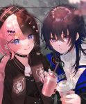  2girls :p beret black_hair blue_hair choker commission crossed_bangs cup disposable_cup ear_piercing hair_between_eyes hair_ornament hairclip hat highres holding holding_cup ichinose_uruha jacket looking_at_viewer multicolored_hair multiple_girls off_shoulder piercing pink_hair rinto_(rint_rnt) shirt short_hair_with_long_locks skeb_commission split-color_hair tachibana_hinano_(vtuber) tongue tongue_out violet_eyes virtual_youtuber vspo! white_shirt 