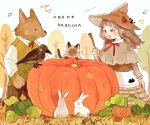  1girl animal artist_name blush bow brown_eyes brown_hair brown_headwear cat clothed_animal hat long_hair oniheya_53 open_mouth original oversized_object painting_(medium) plaid rabbit red_bow traditional_media watercolor_(medium) witch_hat 