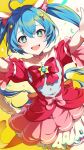  1girl absurdres animal_ears aqua_eyes aqua_hair arms_up bow bowtie cat_ears dress hair_between_eyes hair_ornament hands_up hatsune_miku highres kheng_(k_heng1223) long_hair looking_at_viewer open_mouth project_sekai puffy_short_sleeves puffy_sleeves red_bow red_bowtie red_dress short_sleeves simple_background solo star-shaped_pupils star_(symbol) symbol-shaped_pupils teeth twintails upper_body upper_teeth_only vocaloid 