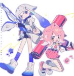  2girls absurdres asphyxia17 blue_eyes blue_footwear blue_hair blue_socks character_request english_text highres multiple_girls open_mouth pink_footwear pink_hair short_hair socks splatoon_(series) tentacles white_socks yellow_eyes 