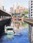  2boys akihabara_(tokyo) apartment blue_sky boat bridge building city day highres monorail multiple_boys no_humans office original painting_(medium) reflection reflective_water river riverbank scenery sky toirom_pmxh traditional_media tree water watercolor_(medium) watercraft 