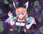  1girl animal_ears blue_eyes caracal_(kemono_friends) cat_ears cat_girl cat_tail demon_wings dress elbow_gloves extra_ears flower gloves heart highres kemono_friends kemono_friends_v_project long_hair looking_at_viewer microphone nokemono-san_(bocchi_friend) orange_hair ribbon rose solo tail virtual_youtuber wings 