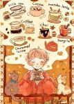  1boy black_cat blush bowl brown_hair cat closed_eyes closed_mouth cup english_text holding holding_cup long_sleeves oniheya_53 original short_hair smile sweater 
