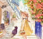  1girl arched_bangs black_cat blush brown_eyes brown_hair building cat child closed_mouth dress flower hat long_hair looking_at_viewer oniheya_53 original outdoors painting_(medium) plant potted_plant red_flower sleeveless sleeveless_dress solo traditional_media twintails watercolor_(medium) yellow_dress 