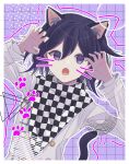  1girl absurdres animal_ears black_hair black_scarf border buttons cat_boy cat_ears cat_tail checkered_clothes checkered_scarf claw_pose danganronpa_(series) danganronpa_v3:_killing_harmony double-breasted fuyu_ko grey_jacket hair_between_eyes hands_up highres jacket long_sleeves medium_hair multicolored_hair oma_kokichi outline pink_background purple_hair scarf solo tail two-tone_hair violet_eyes white_border white_outline white_scarf 
