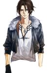  1boy black_gloves black_jacket blue_eyes brown_hair collarbone expressionless final_fantasy final_fantasy_viii fur-trimmed_jacket fur_trim gloves highres jacket jewelry male_focus necklace nini_tw99 open_clothes open_jacket scar scar_on_face scar_on_forehead serious shirt short_hair simple_background single_glove solo squall_leonhart v-neck white_background white_fur white_shirt 