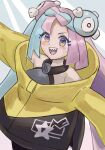  1girl :d absurdres arakaki_(ewgn2728) bare_shoulders blue_hair blush bow-shaped_hair character_hair_ornament eyelashes hair_ornament highres iono_(pokemon) jacket long_hair long_sleeves looking_at_viewer multicolored_hair open_mouth pink_eyes pink_hair pokemon pokemon_(game) pokemon_sv sharp_teeth simple_background smile solo teeth two-tone_hair upper_body very_long_hair yellow_jacket 