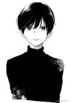  1girl androgynous closed_mouth commentary cropped_torso eyelashes hair_between_eyes high_contrast highres lips looking_at_viewer monochrome original saitou_shiori_(pixiv14549321) shirt short_hair simple_background splatter straight-on turtleneck upper_body 