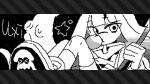  1girl asphyxia17 black_background character_request chewing_gum long_hair looking_at_viewer night pixel_art signature simple_background socks solo splatoon_(series) striped tentacles 