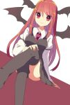  1girl bat_wings black_skirt black_thighhighs black_vest breasts busujima_(kusahana) closed_mouth collared_shirt crossed_legs dutch_angle feet_out_of_frame hair_between_eyes hand_on_own_knee head_wings highres juliet_sleeves koakuma light_smile long_sleeves looking_at_viewer miniskirt necktie one-hour_drawing_challenge pleated_skirt puffy_sleeves red_background red_eyes red_necktie redhead shirt skirt small_breasts solo thigh-highs thighs touhou vest white_background white_shirt wings zettai_ryouiki 