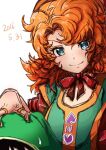  1boy 1girl blue_eyes closed_mouth curly_hair dated dragon_quest dragon_quest_vii dress green_eyes hood jewelry long_hair looking_at_viewer maribel_(dq7) morino_shoutarou orange_hair ring simple_background smile white_background 
