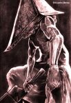  1boy absurdres akusaka_memau gloves greyscale helmet highres holding male_focus monochrome monster_boy muscular muscular_male no_humans pyramid_head silent_hill_(series) silent_hill_2 solo sword weapon 