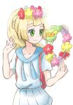  1girl blonde_hair blunt_bangs comfey emapippi flower flower_necklace green_eyes head_wreath highres lei lillie_(pokemon) long_hair looking_at_another pink_bag pleated_skirt pokemon pokemon_(game) pokemon_sm ponytail shirt skirt smile white_background white_shirt white_skirt 