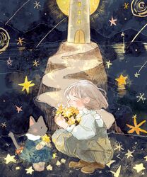  1girl animal brown_footwear brown_hair cat closed_eyes closed_mouth full_body holding long_sleeves moon night night_sky ocean oniheya_53 original painting_(medium) short_hair sky star_(sky) starry_sky tower traditional_media watercolor_(medium) 