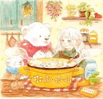  1girl arched_bangs bear blue_eyes blush carrot food highres indoors long_hair oniheya_53 open_mouth original painting_(medium) plant potted_plant traditional_media watercolor_(medium) wavy_hair white_hair window 