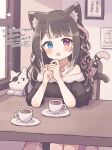  1girl absurdres animal animal_ears bare_shoulders black_dress black_hair blunt_bangs blush cat cat_ears cat_tail chair colon_br cup dress highres neck_ribbon open_mouth original pink_ribbon ribbon solo table tail teacup 