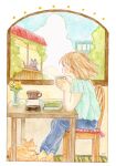 1girl animal artist_name brown_eyes brown_hair cat chair closed_mouth clouds cup day highres holding holding_cup oniheya_53 original painting_(medium) short_hair sitting socks solo table traditional_media watercolor_(medium) window yellow_socks 