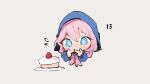 1girl arknights blue_eyes blue_jacket blue_poison_(arknights) blush cake chibi commentary dailybloopy food hood hood_up hooded_jacket index_fingers_together jacket long_hair long_sleeves looking_at_viewer low_twintails pink_hair simple_background solo twintails white_background 