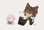  1boy 1girl :o aak_(arknights) aak_(healing_hand_evil_heart)_(arknights) animal_ears arknights blue_jacket blue_poison_(arknights) blush brown_hair chibi coat commentary cropped_torso dailybloopy dog_boy dog_ears english_text grey_background hair_between_eyes hood hooded_jacket jacket long_hair low_twintails midriff open_clothes open_coat open_mouth pink_hair simple_background twintails upper_body 
