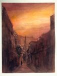  1boy alley building city clouds cloudy_sky day highres orange_sky original painting_(medium) power_lines road scenery shadow sky street sunlight sunset tlctm7h8wdwnthx traditional_media utility_pole watercolor_(medium) 