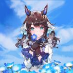 1girl animal_ears black_gloves blue_eyes blue_sky blush breasts closed_mouth clouds collared_shirt commentary_request daring_tact_(umamusume) flower gassan_aya gloves hair_between_eyes hair_ornament highres horse_ears horse_girl jacket long_sleeves looking_at_viewer medium_breasts medium_hair multicolored_hair outdoors portrait shirt sky smile solo star_(symbol) star_hair_ornament streaked_hair umamusume white_hair white_jacket wide_sleeves 