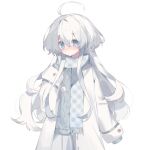  1girl asphyxia17 blue_eyes blush closed_mouth coat hair_between_eyes highres long_hair long_sleeves looking_at_viewer original plaid plaid_scarf scarf simple_background sleeves_past_wrists solo white_background white_coat white_hair 