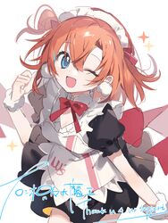  1girl apron asphyxia17 black_dress blue_eyes bow dress hair_between_eyes highres maid_apron maid_headdress one_eye_closed open_mouth orange_hair original short_hair short_sleeves signature simple_background solo white_background 