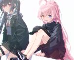  2girls ahoge animal_ears azumi_akitake black_hair black_jacket blue_archive blue_eyes cat_ears clothes_writing grey_hoodie hair_between_eyes halo heterochromia highres hood hoodie hoshino_(blue_archive) jacket long_hair long_sleeves multiple_girls open_clothes open_jacket pink_hair pink_halo red_eyes serika_(blue_archive) twintails yellow_eyes 