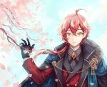  1boy ahoge black_cape black_gloves blue_choker braid braided_bangs branch brooch bungou_to_alchemist cape cherry_blossoms choker collared_shirt cross_tie crossed_bangs day dazai_osamu_(bungou_to_alchemist) falling_petals flower fur-trimmed_cape fur_trim gears gem gloves grey_shirt hair_between_eyes hair_ornament hair_over_shoulder hairclip hand_up highres jacket jewelry lapels long_hair long_sleeves male_focus notched_lapels official_alternate_costume parted_lips petals pink_flower pinstripe_pattern pinstripe_shirt red_gemstone red_jacket red_vest redhead shirt solo striped two-sided_cape two-sided_fabric upper_body user_mhst3483 vest yellow_eyes 