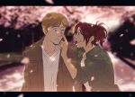  1boy 1other aquiline_nose brown_eyes brown_hair brown_jacket cherry_blossoms chromatic_aberration commentary_request frown glasses hange_zoe hanpetos jacket moblit_berner one_eye_closed petals ponytail shingeki_no_kyojin smile 