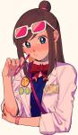  1girl ace_attorney aqua_eyes badge beachricefield blue_vest blush bow bowtie brown_hair button_badge buttons coat collared_shirt cropped_torso double-breasted ema_skye ema_skye_(aa1) eyewear_on_head hand_up highres holding holding_pen lapels long_hair looking_at_viewer name_tag open_clothes open_coat pen phoenix_wright:_ace_attorney pink-tinted_eyewear pink_shirt red_bow red_bowtie shirt shoulder_strap simple_background sleeves_rolled_up solo swept_bangs tinted_eyewear topknot upper_body vest watch watch white-framed_eyewear white_background white_coat 