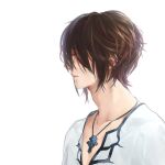  1boy adam&#039;s_apple blue_eyes brown_hair collarbone earrings final_fantasy final_fantasy_viii from_side jewelry male_focus messy_hair necklace nini_tw99 sad shirt short_hair simple_background solo squall_leonhart stud_earrings v-neck white_background white_shirt 