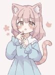  1girl animal_ears blue_dress blush brown_eyes cat_ears cat_tail colon_br dress grey_background hair_between_eyes highres long_sleeves looking_at_viewer open_mouth original pink_hair short_hair simple_background solo tail 