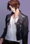  1boy belt black_jacket black_pants blue_eyes brown_hair earrings expressionless final_fantasy final_fantasy_viii gradient_background highres jacket jewelry male_focus necklace nini_tw99 open_clothes open_jacket pants scar scar_on_face scar_on_forehead shirt short_hair simple_background solo squall_leonhart standing stud_earrings v-neck white_shirt 