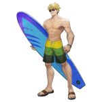  1boy abs artist_request blonde_hair collarbone full_body girls_frontline green_wristband grin holding holding_surfboard male_focus male_swimwear muscular navel official_alternate_costume official_art sandals short_hair simple_background smile solo standing strelet_(girls&#039;_frontline) sunglasses surfboard swim_trunks swimsuit third-party_source topless_male transparent_background 