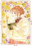  1girl arched_bangs blush book brown_eyes brown_hair highres holding leaf long_sleeves oniheya_53 open_book open_mouth original painting_(medium) short_hair skirt solo sweater traditional_media upper_body watercolor_(medium) 
