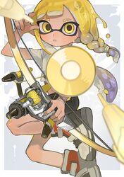  1girl black_footwear black_shorts blonde_hair blush border bow_(weapon) braid commentary_request crop_top eyebrow_cut firing_at_viewer floating_hair gradient_hair grey_background grey_footwear hair_tie hand_up high_tops highres holding holding_bow_(weapon) holding_weapon inkling inkling_girl long_hair looking_at_viewer midriff multicolored_hair navel outside_border p-pepper paint_splatter parted_lips purple_hair red_footwear shirt shoes short_eyebrows short_shorts short_sleeves shorts side_braid simple_background single_braid sneakers solo splatoon_(series) splatoon_3 sweatdrop tentacle_hair tri-stringer_(splatoon) weapon white_border white_shirt yellow_eyes 