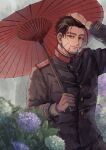  1boy absurdres arm_up black_hair black_jacket facial_hair facial_mark flower goatee golden_kamuy hand_on_own_head highres hinori_(hinorinr) holding holding_umbrella jacket leaf long_sleeves looking_at_viewer military_uniform ogata_hyakunosuke outdoors purple_flower rain red_umbrella shirt short_hair smile umbrella uniform upper_body white_shirt 