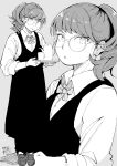  1girl absurdres apron bow earrings glasses greyscale hadashi_no_kenji highres holding holding_tray jewelry long_sleeves looking_at_viewer monochrome multiple_views original ponytail shoes standing stud_earrings teapot tray wristband 