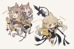  3girls :3 :o animal_ear_piercing animal_ears arknights back-to-back black_dress blonde_hair blue_eyes blush boots brown_background cardigan cat_ears cat_girl cat_mask chibi coat dress full_body grey_hair heterochromia highres holding holding_staff infection_monitor_(arknights) kazemaru_(arknights) knee_boots long_hair long_sleeves looking_at_viewer mask multiple_girls nail_polish nightmare_(arknights) one_eye_closed open_mouth red_eyes red_nails remu_(kudarizaka_25) sailor_collar shirt simple_background staff star_(symbol) thigh_boots tongue tongue_out translation_request white_footwear white_sailor_collar white_shirt yellow_cardigan yellow_coat 