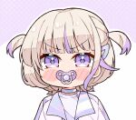  1girl blonde_hair blush_stickers choker hair_ornament highres hololive jacket kukie-nyan looking_at_viewer multicolored_hair pacifier purple_choker purple_hair purple_jacket shirt short_hair sidelocks solo streaked_hair t-shirt todoroki_hajime two-tone_hair upper_body violet_eyes virtual_youtuber white_shirt 
