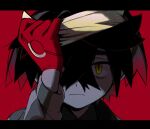  1boy black_hair closed_mouth gloves hair_between_eyes ieiieiiei kieran_(pokemon) letterboxed long_sleeves looking_at_viewer male_focus mole mole_on_neck multicolored_hair pokemon pokemon_(game) pokemon_sv portrait red_background red_gloves redhead simple_background solo 