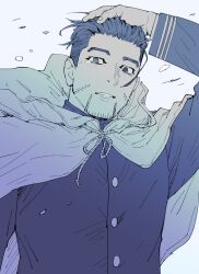  1boy buttons c69 cape commentary_request facial_hair goatee_stubble golden_kamuy hand_on_own_head highres looking_at_viewer male_focus mature_male monochrome ogata_hyakunosuke scar scar_on_face short_hair solo stubble tears upper_body white_background 