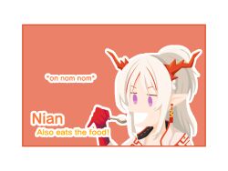  1girl arknights commentary dragon_girl dragon_horns english_commentary english_text gribberoni holding horns multicolored_hair nian_(arknights) pointy_ears solo streaked_hair violet_eyes white_hair 