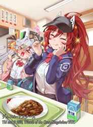  &gt;_&lt; 2girls black_skirt black_visor blue_jacket blush bow bowtie breath_weapon breathing_fire closed_eyes closed_mouth copyright_notice curry curry_rice desk dragon_musume_ni_naritakunai! duel_masters fire food grey_hair hair_ornament heart high_ponytail holding holding_spoon i-la indoors jacket jurako_ljuba long_hair milk_carton multiple_girls nose_blush official_art open_clothes open_jacket open_mouth pink_jacket plaid_clothes plaid_skirt plate ponytail red_bow red_bowtie red_hair rice shirt sitting skirt sparkle spicy spoon sukune_maron tears tongue tongue_out twintails very_long_hair visor_cap white_shirt 